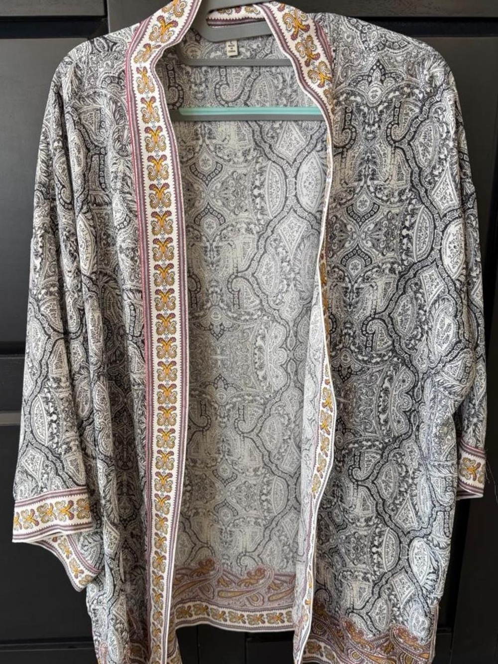 Max Studio Black & White Paisley Open-Front Coatigan with Gold Accent